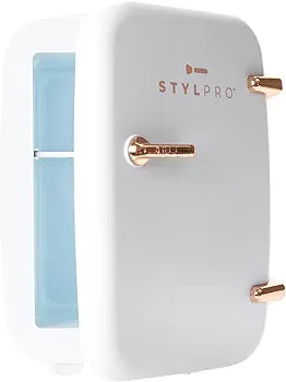 STYLPRO Mini Beauty Fridge in Rose Gold 4L portable cooler warmer for skincare makeup and cosmetics Organize in bedroom bathroom or dressing room`