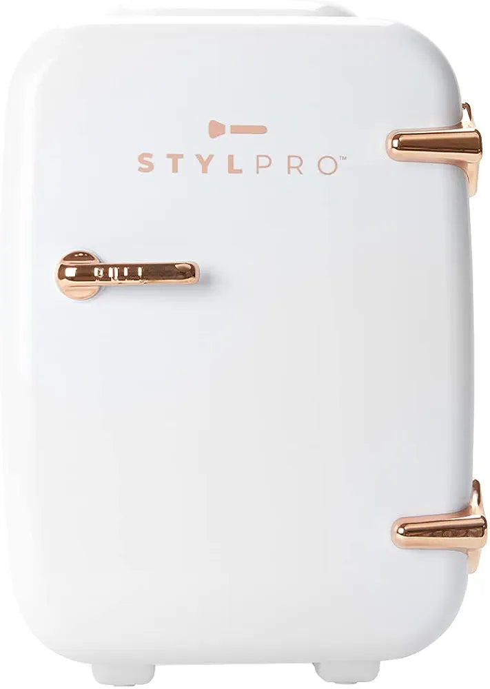 STYLPRO Mini Beauty Fridge in Rose Gold 4L portable cooler warmer for skincare makeup and cosmetics Organize in bedroom bathroom or dressing room`