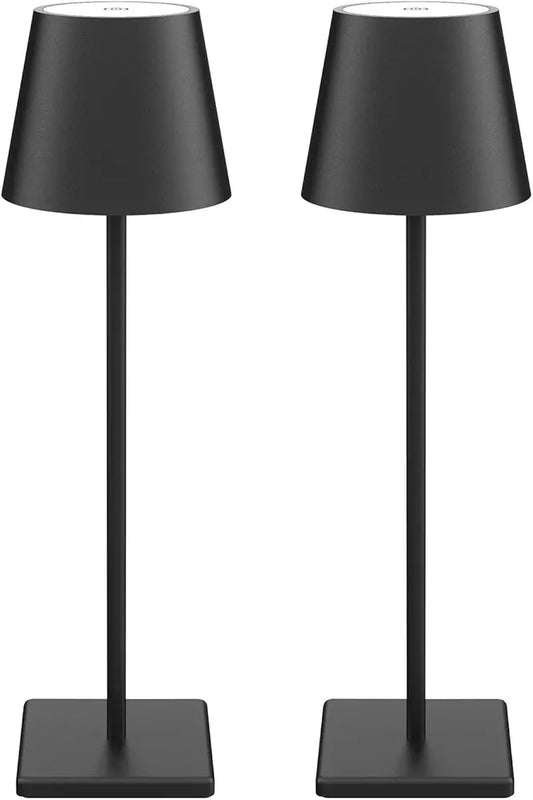 Howskys 2 Pack Black Cordless METAL Table Lamp,5500mAh Battery Powered Table Lamp,3W Touch Rechargeable Battery Table Lamp 3000k Warm White,IP54 Indoor/Outdoor Table Lamp