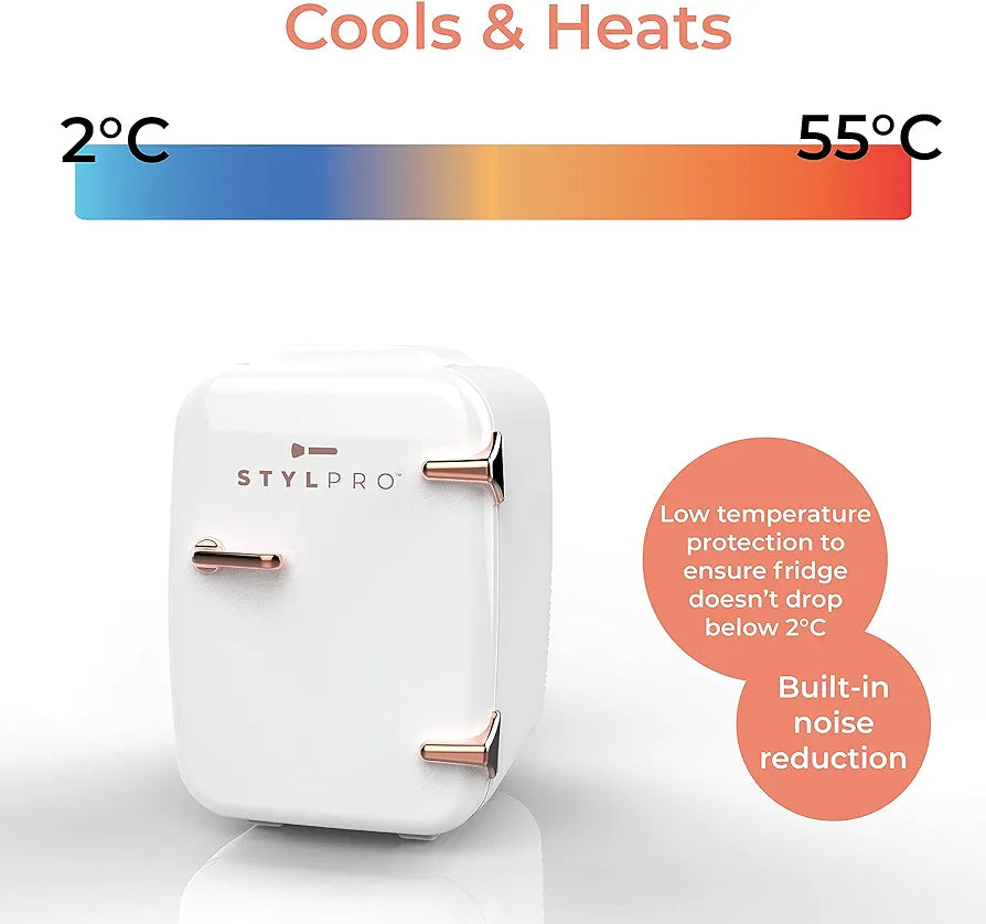 STYLPRO Mini Beauty Fridge in Rose Gold 4L portable cooler warmer for skincare makeup and cosmetics Organize in bedroom bathroom or dressing room`