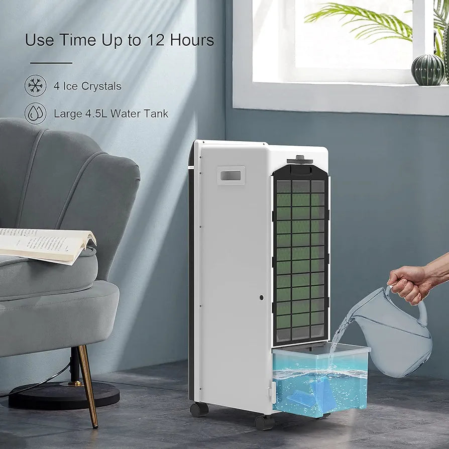 ICY Air Conditioner, Air Cooler with Air Purification, 4-in-1 Fan with Humidification and Remote Control, 550 m³/h, 65 Watt, Oscillation, 1-7 Hours Timer for Cool Summer Days