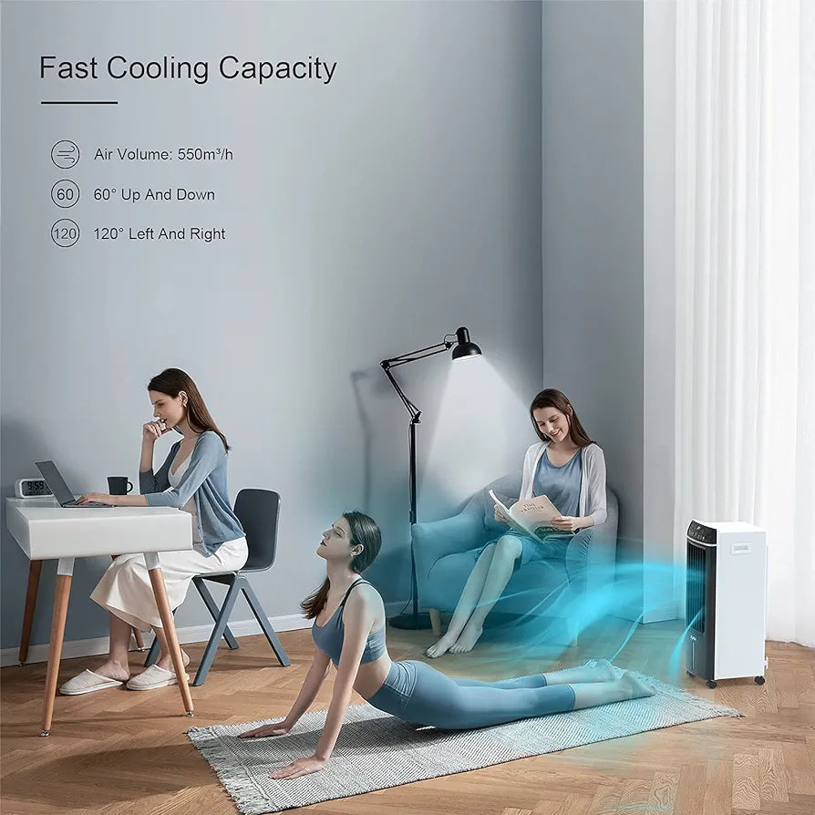 ICY Air Conditioner, Air Cooler with Air Purification, 4-in-1 Fan with Humidification and Remote Control, 550 m³/h, 65 Watt, Oscillation, 1-7 Hours Timer for Cool Summer Days