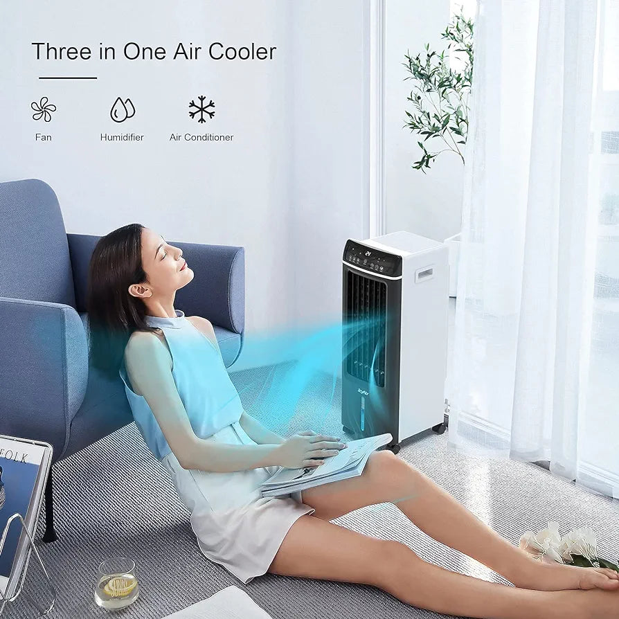 ICY Air Conditioner, Air Cooler with Air Purification, 4-in-1 Fan with Humidification and Remote Control, 550 m³/h, 65 Watt, Oscillation, 1-7 Hours Timer for Cool Summer Days