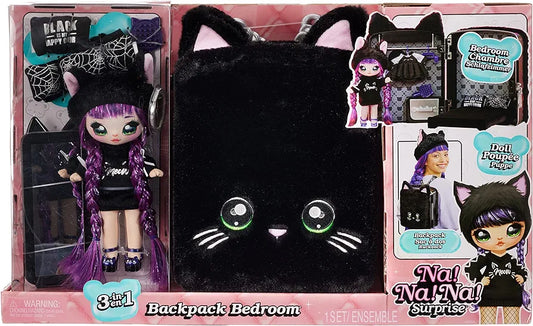 Na! Na! Na! Surprise 3-in-1 Backpack Bedroom Playset with Fashion Doll Tuesday Meow in Exclusive Outfit | Black Fuzzy Kitty Bag, Real Mirror, Closet with Drawer, Pillows, Blanket | Kids Ages 5+