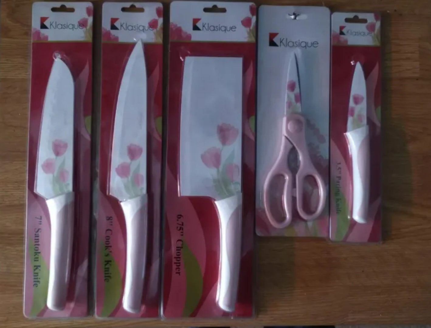 Klasique Flower Knives (Set of 5) 3.5″ Utility Knife, 7″ Santoku Knife, 8″ Chef Knife, scissor and 6.75″ Chopper